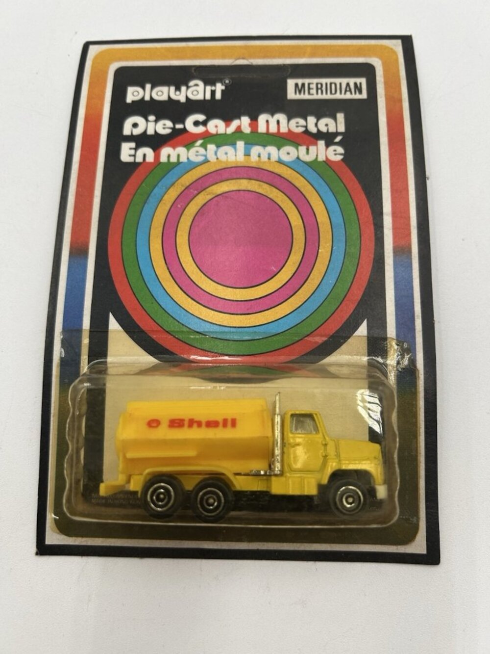 PlayArt Meridian Shell Truck Die Cast Metal Yellow On Card Unpunched Hong Kong
